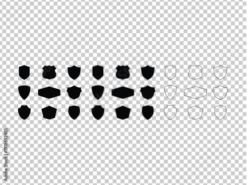 Set of shield and badge icons in black and outline styles