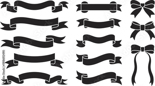 Ribbon banner silhouette vector designs, decorative bow illustration artwork, vintage graphic elements for labels, headers, invitations, festive typography projects
