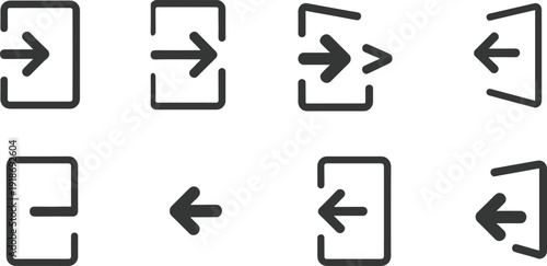 Entry and exit arrow icons, door frame vector illustration, navigation symbol artwork, directional movement graphics, user interface design elements for signage