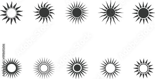 Sun icon vector designs, stylized sunshine illustration, radiant solar artwork, circular sun graphics with rays, decorative summer symbol elements for design projects