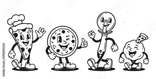 Vintage Cartoon Pizza, Dough, and Pizza Cutter Mascots