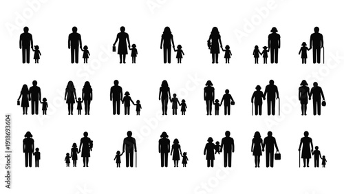 A diverse collection of black silhouettes representing various family structures and group dynamics. isolated on white background, Vector