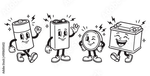 Vintage Cartoon Battery and Power Characters Set