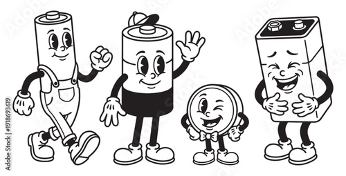 Vintage Cartoon Battery and Power Characters Set