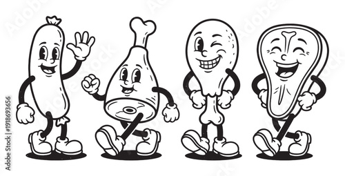 Vintage Cartoon Meat Characters: Sausage, Chicken, Steak Set