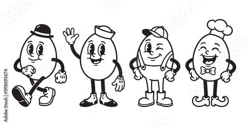 Vintage Cartoon Egg Characters with Hats Set