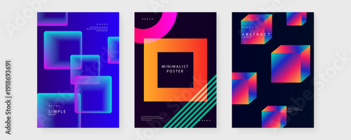 Trio of posters highlighting geometric squares with soft transparency effects and vibrant neon color schemes