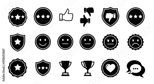 Social Media Reaction and Feedback Icon Set Featuring Like, Dislike, Shield, Trophy and Rating Symbols for User Interface Design, Digital Platforms and Online Community Applications
