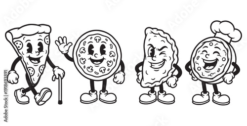 Retro 1930s Cartoon Pizza and Fast Food Characters Set