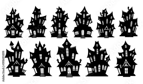 Creepy black haunted house silhouette vector collection with twisted spooky Halloween mansion shapes isolated on transparent background