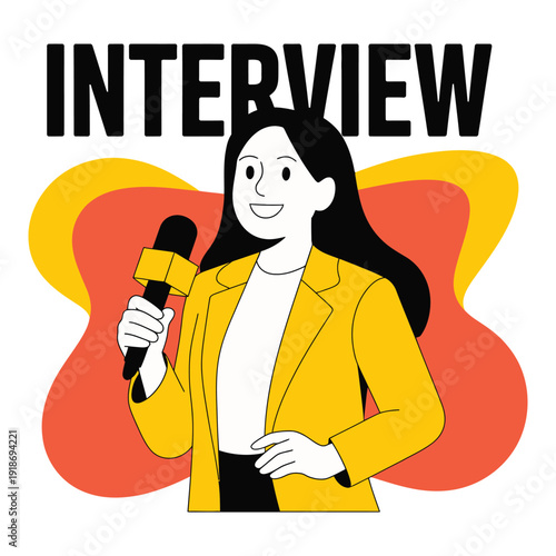 A woman is conducting an interview while holding a microphone, with the word 'INTERVIEW' in bold text above her.