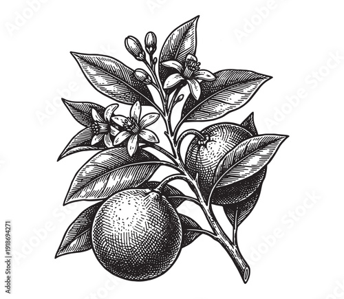 Ripe Oranges on Branch with Leaves and Flowers Botanical Illustration