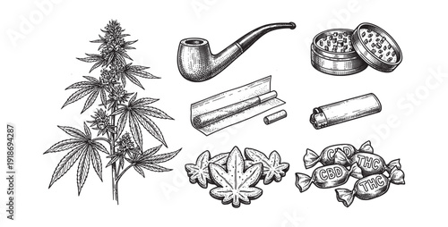 Cannabis Plant in Sack, Glass Pipe, Grinder, Joint, Lighter, and Weed Edibles Illustration Set