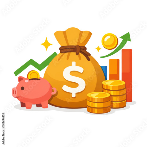 Flat vector finance icon featuring stack of cash, gold coin, calculator and upward bar chart arrow. Modern financial growth, accounting and investment concept isolated on white background. Clean comme