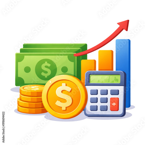 Flat vector finance icon featuring stack of cash, gold coin, calculator and upward bar chart arrow. Modern financial growth, accounting and investment concept isolated on white background. Clean comme