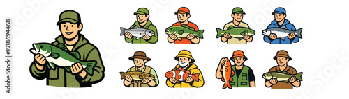 Happy Fishermen Holding Fresh Fish Vector Illustration Flat Design Cartoon Style