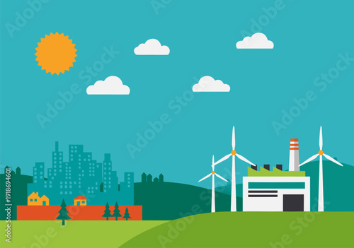 Vector Illustration of a Peaceful Factory Wind Turbines City Skyline with Green Hill and Red Truck