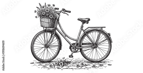 Vintage bicycle with flower basket and collection of tropical potted house plants in black and white ink drawing.