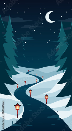 Serene Winter Vector Illustration of Winding Road Through Snow-Covered Forest with Red Lanterns, Crescent Moon, and Starry Night Sky
