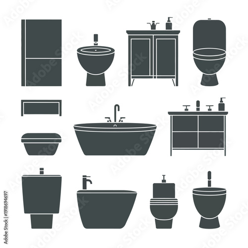 A collection of bathroom fixtures and furniture is displayed against a white background.