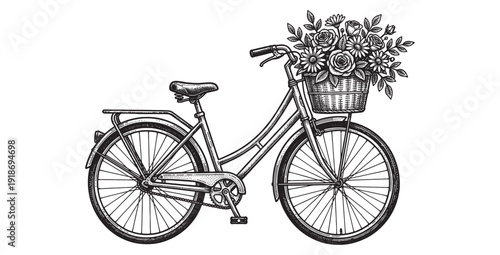 Vintage bicycle with flower basket and collection of tropical potted house plants in black and white ink drawing.
