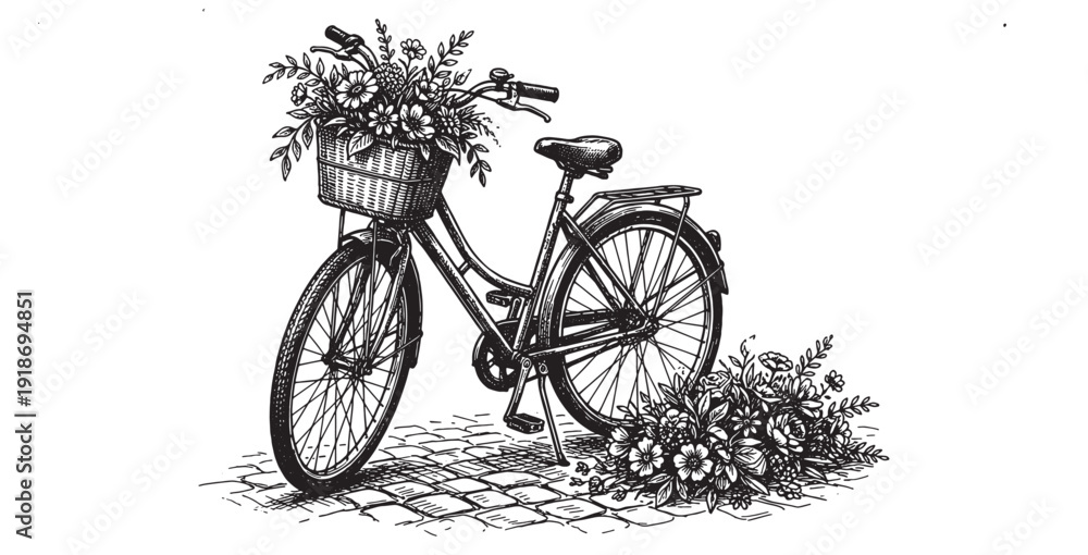 Obraz premium Vintage bicycle with flower basket and collection of tropical potted house plants in black and white ink drawing.