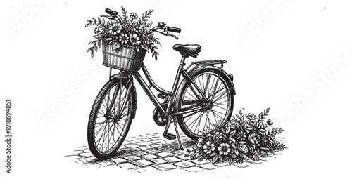 Vintage bicycle with flower basket and collection of tropical potted house plants in black and white ink drawing.