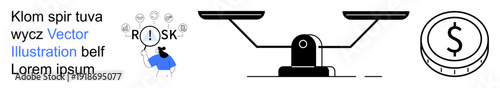 Financial risk, decision-making, economy, investment, cost analysis, balance. Features a person assessing risk, a balance scale and a dollar coin. Financial risk and decision-making concept