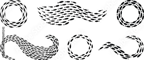 School of fish silhouettes forming circular wave and flowing formations isolated on white background marine teamwork motion vector illustration