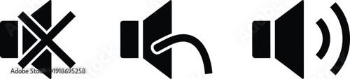 Set of minimalist black speaker icons representing sound volume, mute function, low audio, and high sound levels for digital interface.