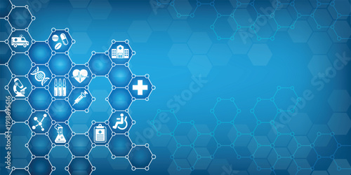 Medical background and healthcare abstract technology with flat icons. Design template of concept for hospital, health care business, innovation medicine, science. Vector illustration.