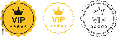 Set of three gold and black VIP badge icons featuring a crown and five stars for premium membership and loyalty.
