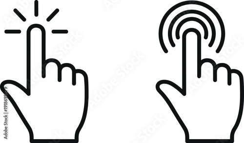 Set of minimalist black line icons featuring hand cursor pointers with clicking and touching interaction effects for digital interface design.