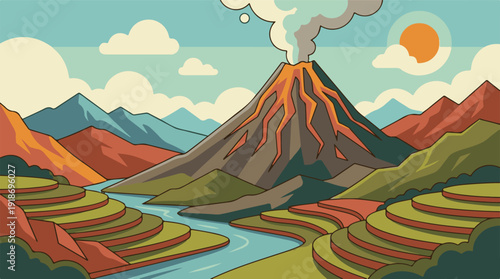 Vibrant cartoon illustration of erupting volcano, river, mountains, and rice paddies