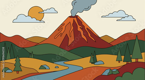 Stylized Landscape with Erupting Volcano, Mountains, River, and Sun