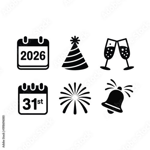 New Year's Eve celebration icons for December 31st, 2026.