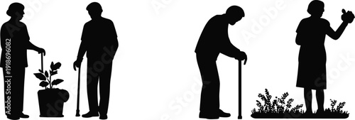 Black silhouettes of elderly people gardening and walking with canes, senior men and women staying active and healthy in retirement (20 words)