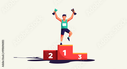 Young athlete celebrating victory on winners' podium with medals