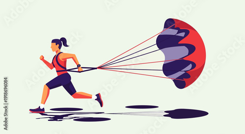 Businesswoman Running with Parachute Equipment in Motion