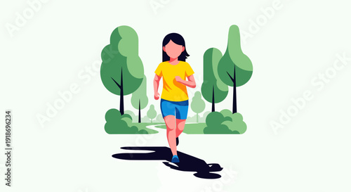 Young woman jogging in park on sunny day with green trees