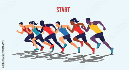 Dynamic Group of Runners at Start Line in Motion