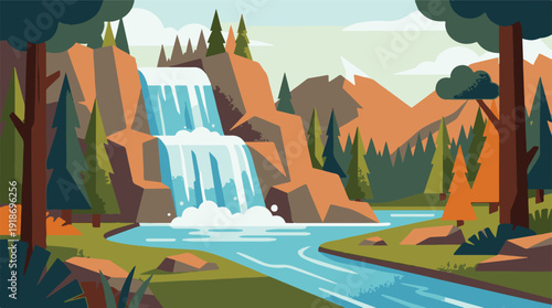 Vibrant Stylized Landscape with Cascading Waterfall, Mountains, and River