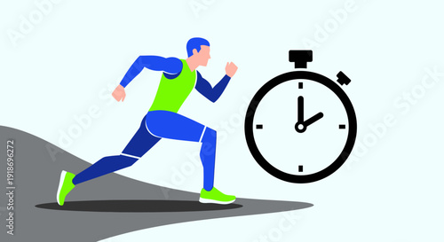 Active Man Running Towards Time with Stopwatch, Fitness and Time Management Concept
