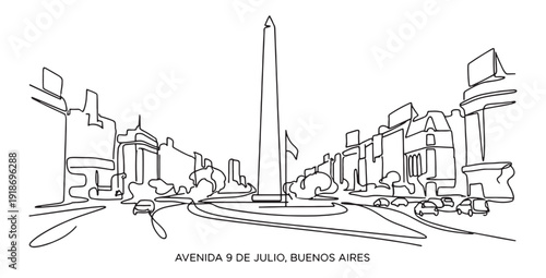 Continuous Line Art of Avenida 9 de Julio and Obelisco