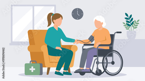 Caregiver measuring blood pressure of senior woman in a wheelchair