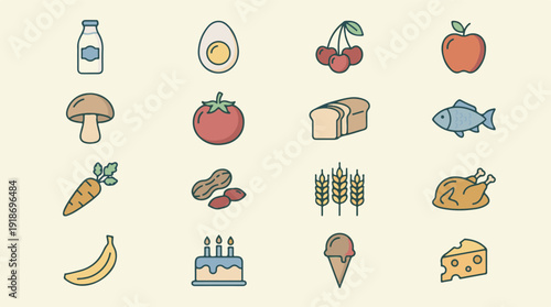 Collection of diverse food and drink icons on a light beige background