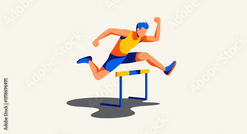 Dynamic Male Athlete Jumping Over Hurdle in Competition