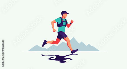Active male runner jogging outdoors against mountain landscape