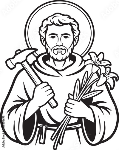 Saint joseph vector illustration holding a hammer and lilies.