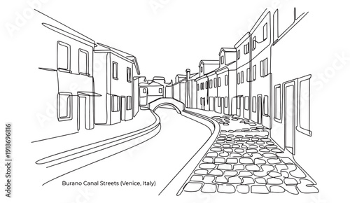 Continuous Line Art of Burano Canal, Venice